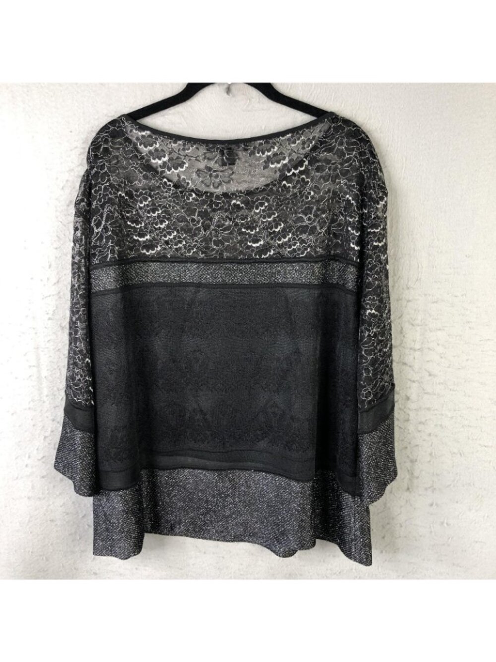 St. John Tunic Blouse Womens XL Black Lace Metallic Floral Bell Sleeve Party - Picture 2 of 16